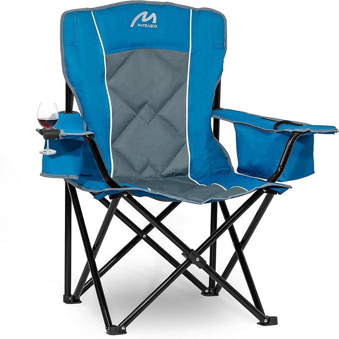Oversized Padded Camping Chair, Heavy-Duty Steel Frame for 450 lbs Supports, Convenient 6-Can Cooler, Portable Carry Bag, Perfect for Outdoor, Beach, and Hiking (Blue & Gray)