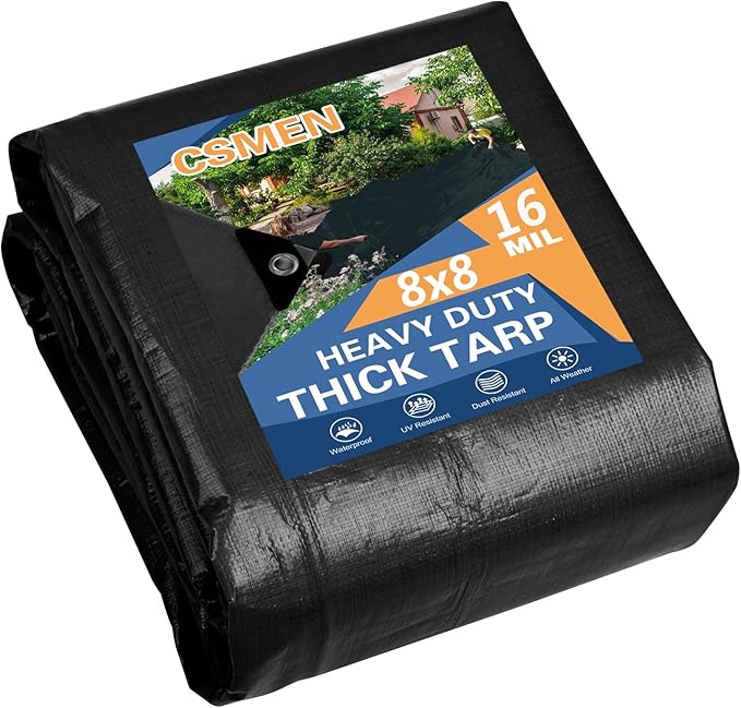 Tarp Heay Duty Waterproof 8x8ft,Black Tarp Cover Plastic Poly Tarpaulin for Outdoor Cover,Emergency Rain,Roof, Pool, Boat,Camping - Multipurpose with 16Mil Thickness