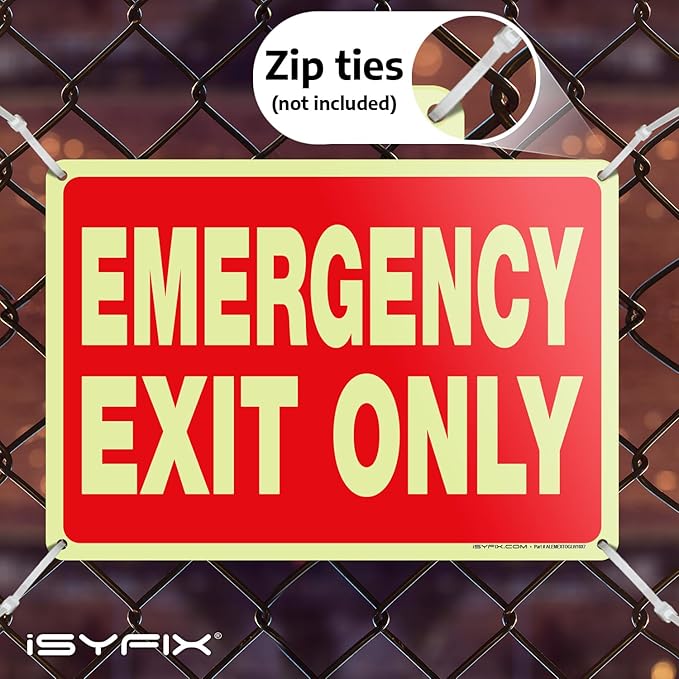 iSYFIX Emergency Exit Only Signs – 10 Pack 10x7 Inch – 100% Rust Free .040 Aluminum Signs, Glow in the Dark Laminated for Ultimate UV, Weather, Scratch, Water and Fade Resistance, Indoor and Outdoor