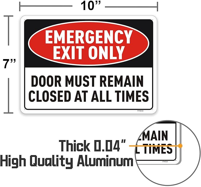 2PC Emergency Exit Only Sign, 10 x 7 Inches - Aluminum - Door Must Remain Closed At All Times Sign, Reflective Rust Free Aluminum, UV Protected, Weatherproof, Easy to Install