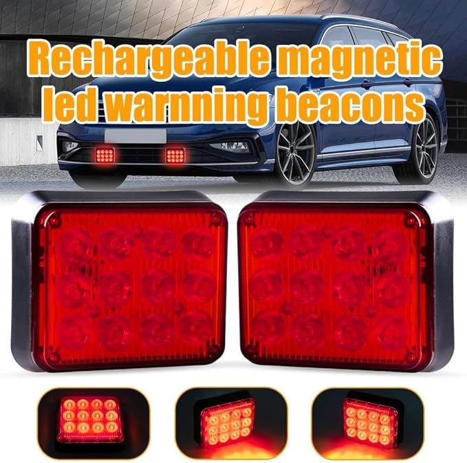 2PCS Magnetic Trailer Lights, Red Beacon Wireless Magnetic Strobe Lights Rechargeable Emergency Warning Lights Portable Surface Mount Strobe Lights for 12V 24V Trucks Car Trailer Vehicles Van