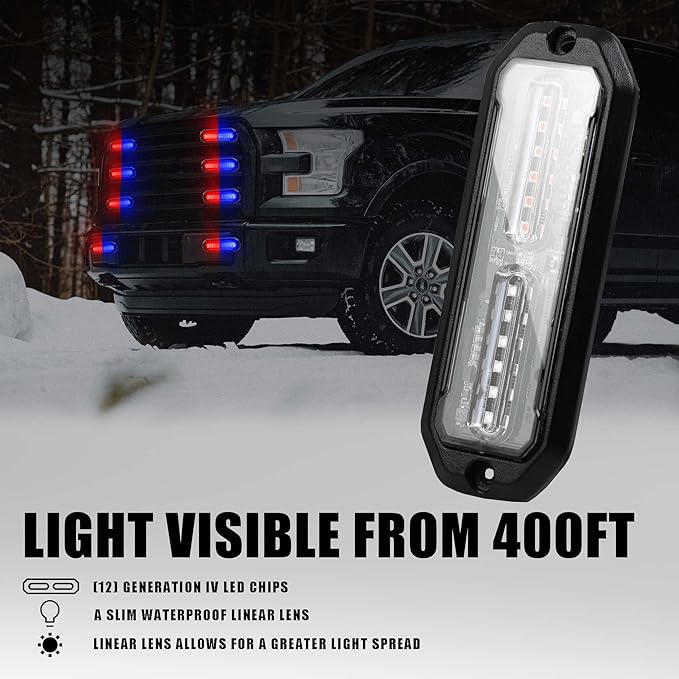 WINECO Red/Blue 8pcs Ultra Slim LED Emergency Strobe Police Lights, Surface Mount Grill Grille Hazard Safty Warning Flashing Light for Volunteer Trucks Vehicles