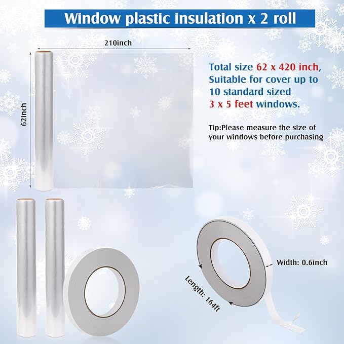 Frienda Window Insulation Kit for Winter Each Roll 62 x 210 Indoor Window Plastic Insulation Kit with Double Sided Tape Clear Shrink Covering Film(2 Roll)