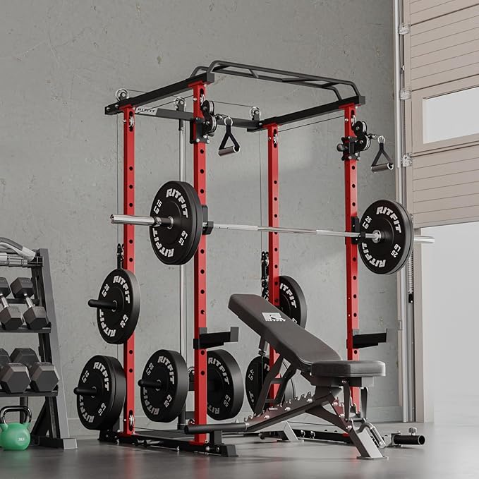 RitFit Multi-Function Squat Rack Power Cage PPC-P3 with Cable Crossover System, 1200LBS Capacity Power Rack and Packages with Optional Weight Bench, Barbell Weight Set, for Garage Workout & Home Gym