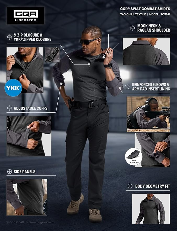 CQR Men's Combat Shirt Tactical 1/4 Zip Long Sleeve Military BDU Shirts Camo EDC Top with Pockets