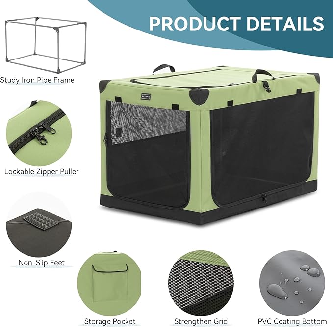 PETSFIT Soft Dog Crate, Dog Travel Crate - 36 Inch Lightweight, Easy Setup, sturdy Portable Dog Crate, Adjustable Framework with 3 Mesh Door, Soft Sided Collapsible Dog Kennel Green