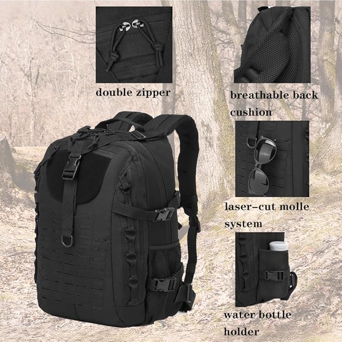 Military Tactical Backpack For Men Laser-Cut Molle Daypack 3 Day for Hiking,Working,Travel (black)