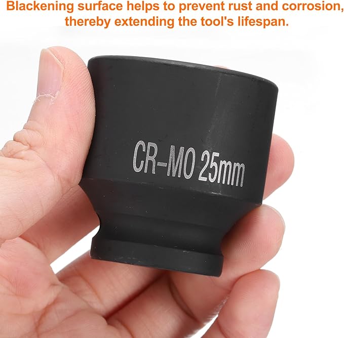 HARFINGTON 4 Point Square Socket 1/2" Drive 25mm Metric Square Impact Socket CR-MO Blackening Standard Wheel Sockets Pneumatic Socket Tool for Auto Repair Mechanical Maintenance Home Use