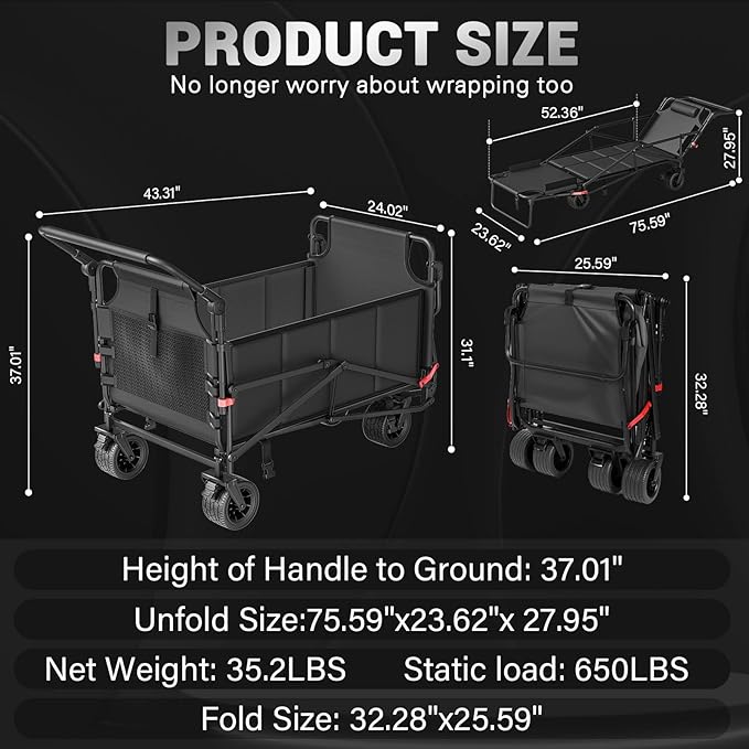 LEVELEVE Heavy Duty Folding Wagon - 2-in-1 Collapsible Cart, 650lb Capacity, All-Terrain Wheels w/Brakes & Side Pockets (Dark Gray)