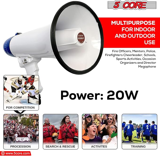 5 CORE Megaphone Speaker Portable 20W Bullhorn w Siren Adjustable Volume Bull Horn 300 Meter Range Battery Operated Handheld Mega Phone for Coaches Safety Drill - Parent MEGA 20R