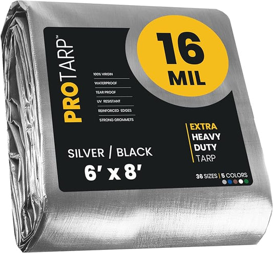 PROTARP Extra Heavy Duty 16 Mil Tarp Cover, Waterproof, UV Resistant, Rip and Tear Proof, Poly Tarpaulin with Reinforced Edges for Roof, Camping, Patio, Pool, Boat. (Silver/Black 6′ X 8′)