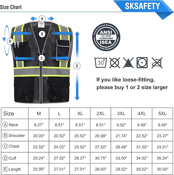 SKSAFETY 10 Pockets Safety Vest, Class 2 High Visibility Security with Zipper Double-sided mesh, Hi Vis Vest with Reflective Strips, ANSI/ISEA Standard, Construction Work Vest （Black, 2XL）