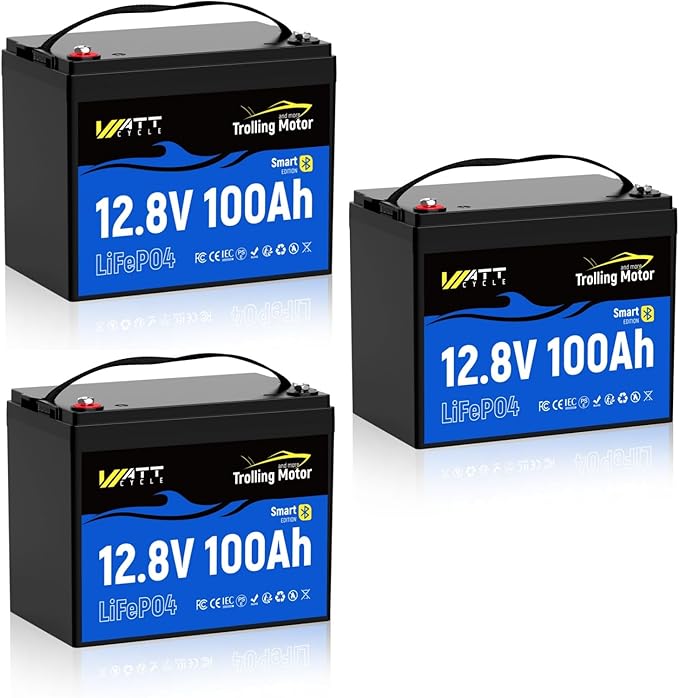 Wattcycle 12V 100Ah LiFePO4 Battery 3 Pack, Lithium Battery 12V 120A BMS, IP67 Marine Batteries for Trolling Motor, Built-in Bluetooth, Monitor, Mobile APP, Perfect for RV, Marine, Home Energy, Solar