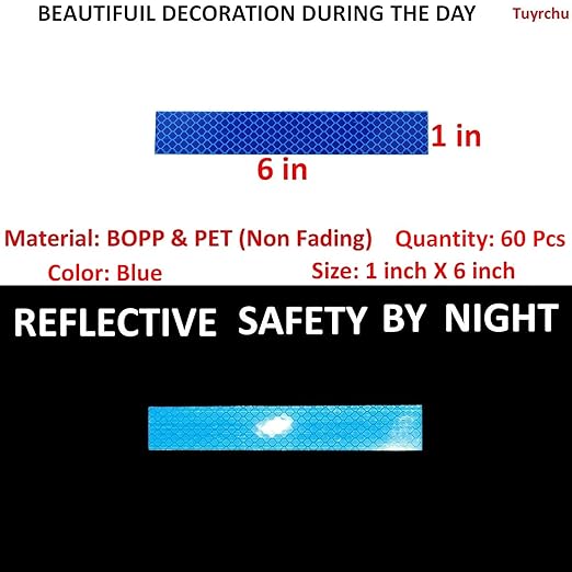 Blue Reflective Stickers 1 inch X 6 inch, Outdoor Waterproof High Visibility Warning Safety Adhesive Reflector Tape (60 Pcs)