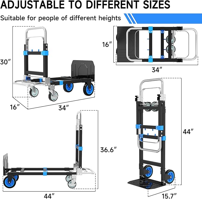 3-in-1 Heavy Duty Folding Hand Truck, 500LB Capacity Convertible Steel Dolly Cart with 360° Swivel Wheels & Telescopic Handle, Foldable Utility Wagon for Moving, Warehouse and Shopping