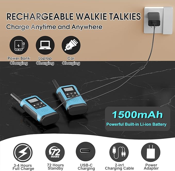 Walkie Talkies Long Range for Adults-2 Pack Rechargeable Walkie Talkies 22 FRS Channels 2-Way Radios with NOAA Weather Alert,VOX,Flashlight and 1500mAh Li-ion Battery for Family Camping Hiking
