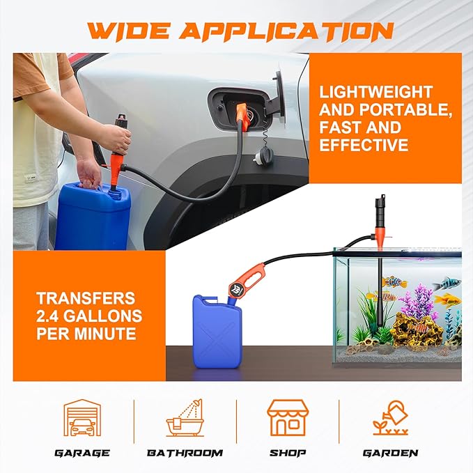 Portable Fuel Transfer Pump, Battery Powered Siphon Pump for Gasoline, Fuel, Gas, Diesel, Water Transfer, 3.0 GPM Flow Oil Extractor with Powerful Suction Ergonomic Nozzle 39 Inches Hose