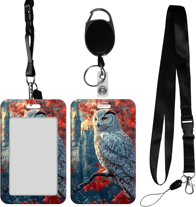 ID Badge Holder with Retractable Lanyard for Women & Men,Vertical ID Card Holder Wallet,Clear Window&Card Slot,Detachable Neck Strap for Nurse Teacher Office,Owl Red Maple Castle