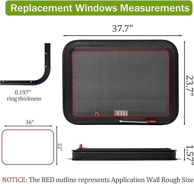 36"x22" RV Emergency Exit Window - DOT-Certified Tempered Glass, Security Lock, Waterproof Aluminum Frame w/Mesh Screen (Fits 1"-1.77" Walls, Complete Kit)