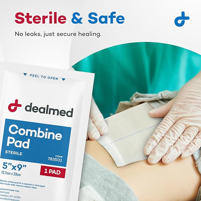 Dealmed Abdominal Combine Pads 5"x9" (20-Pack) Sterile Individually Wrapped, ABD Pads, Absorbent, Non Adherent for Wound Care, Drainage, First Aid, 20/Box (1 Pack)