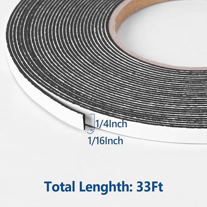 Kikerike Self Adhesive Foam Tape Weatherstrip 1/4In x 1/16In x 33Ft High Density Foam Insulation Strips Seal Weather Stripping with Strong Adhesive for Door and Window Sound Isolation Soundproofing