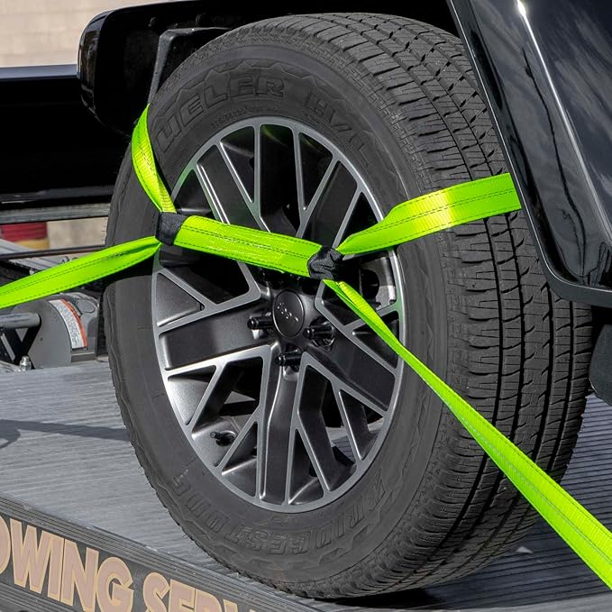 VULCAN 8-Point Vehicle Tie Down Kit with Snap Hook on Strap Ends and Chain Tail on Ratchet Ends - Set of 4 - Reflective High-Viz