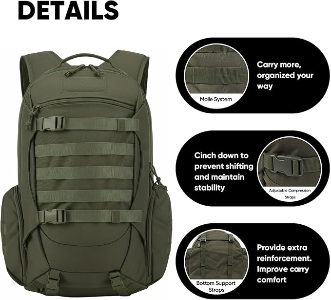 35L Tactical Backpack for Men, MOLLE Military Bug Out Bag, Waterproof Rucksack for Hiking with Hydration Port Army Green