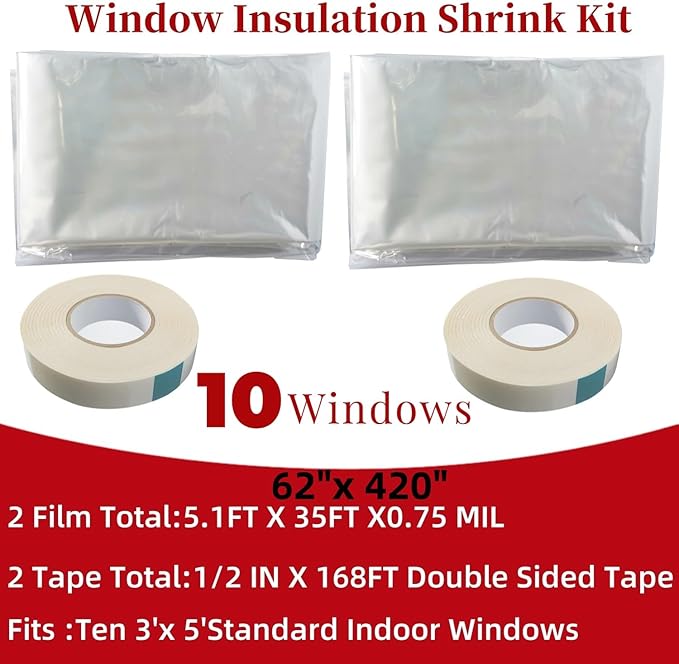 10-Window Shrink Film Window Insulation kit（62-Inch x 420-Inch），Insulating Film Window Kit Keeps Cold Air Out and Warm Air in (10 Windows)