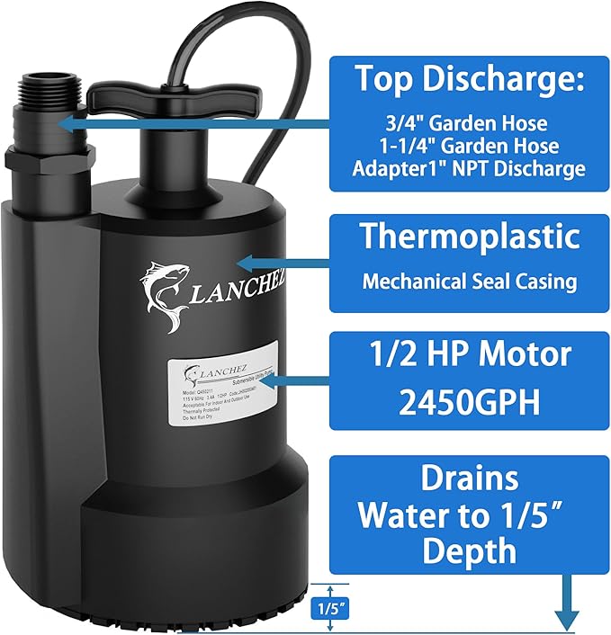 Lanchez Sump Pump, 1/2 HP 2450GPH Submersible Water Pump, Thermoplastic Portable Electric Transfer Pump Utility Pump for Hot Tub Swimming Pool Basement Garden Pond Tubs Draining with 10FT Cord