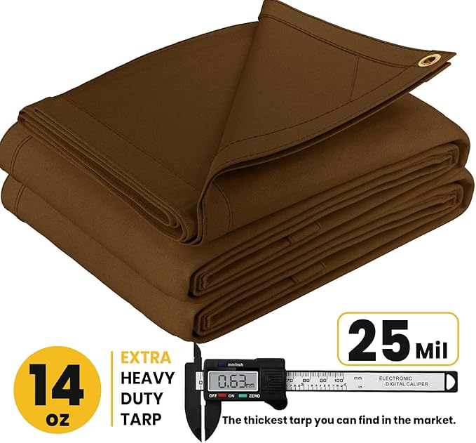 PROTARP Heavy Duty 14 OZ Water Resistant Canvas Tarp, UV Resistant Tarpaulin Cover with Rustproof Brass Grommets, Multipurpose for Canopy, Roof, Camping, Woodpile (Brown 10'X10')