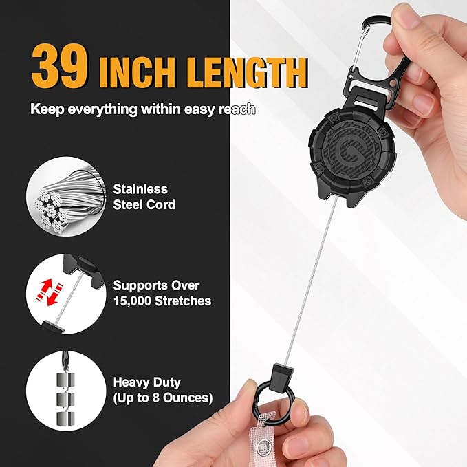 Badge Holder Retractable Clip - Heavy Duty Carabiner Badge Reel Keychain with 39" Steel Cord, ID Badge Holders with Lanyard for Office, Work, School, Construction, Recreation, 2 Pack
