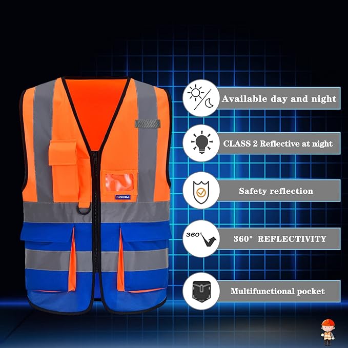 A-SAFETY Reflective Safety Vest, Hi Vis 9 Pockets High Visibility Zipper Front Safety Vest, Orange&Blue Color Mixed, L