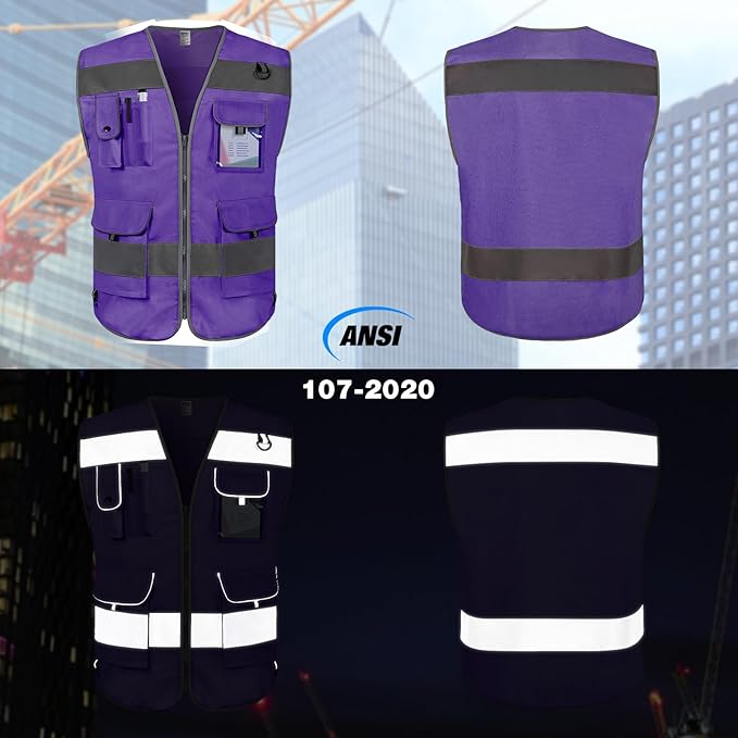 TCCFCCT Reflective Safety Vest 9 Pockets High Visibility Vest for Men Women, Hi Vis Construction Work Vest with Reinforced Sewing, Durable to Use, Meets ANSI/ISEA Standards, (Purple, 5X-Large)
