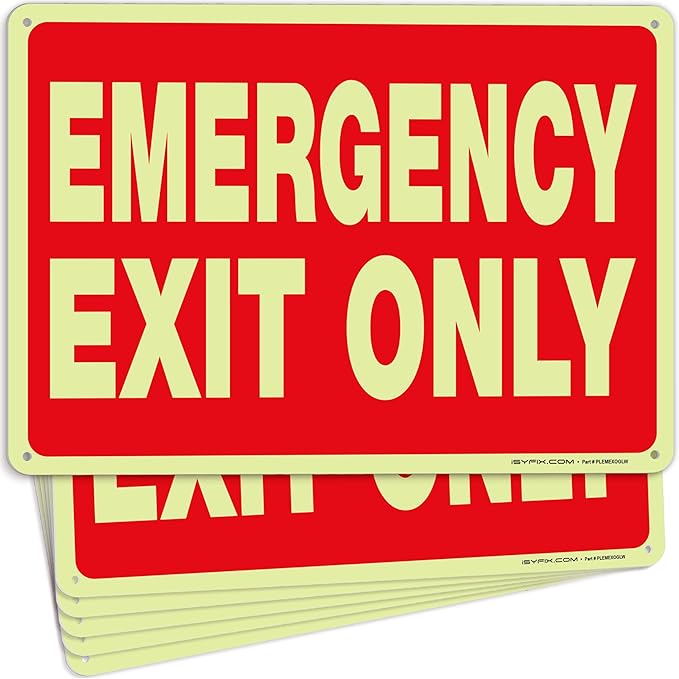 iSYFIX Emergency Exit Only Glow in the Dark Sign – 6 Pack 10x7 Inch – 40 mil Thick Polystyrene Plastic Sign, Laminated UV, Scratch & Fade Resistance, Waterproof, Indoor & Outdoor