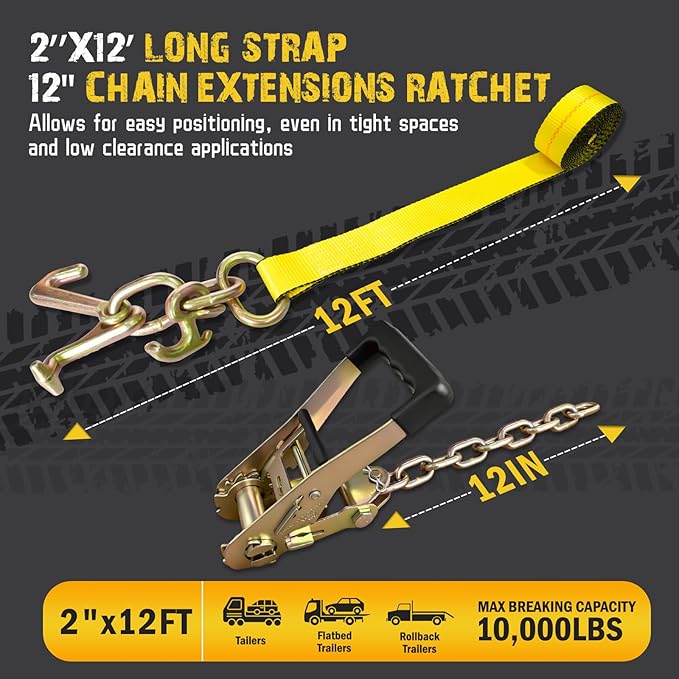 4PCs Towing Recovery Winch Strap w/RTJ Cluster Hook 2" x12', with 4PCs Ratchet Chain Tail, 10000LBS Recovery Towing Truck Straps, Towing Truck Car Trailer Winch Wrecker Tie Down Straps