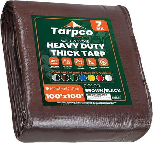 Tarpco Safety Heavy Duty 7 Mil Tarp Cover, Waterproof, UV Resistant, Rip and Tear Proof, Poly Tarpaulin with Reinforced Edges for Roof, Camping, Patio, Pool Cover, Boat (Brown/Black 100′ X 100′)