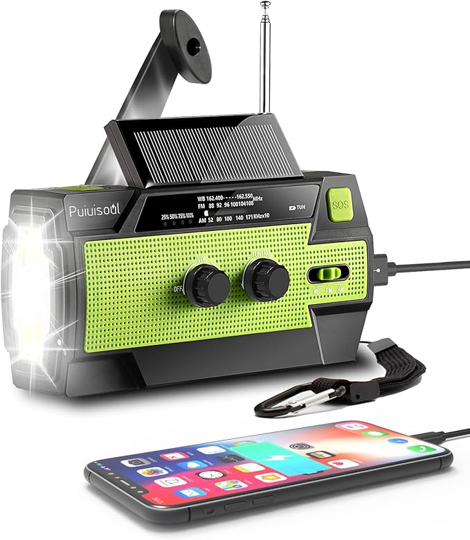 Emergency-Radio,Puiuisoul 4000mAh Weather Radios with Hand Crank & Solar Charging,Portable 3 Gear LED Flashlight,SOS Alarm, AM/FM/NOAA,Motion Sensor Reading Lamp