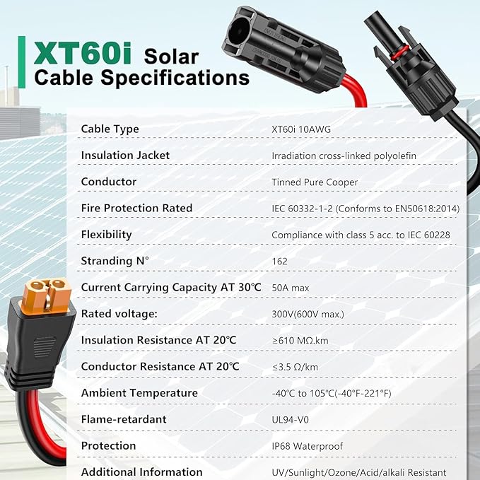 10AWG XT60i Solar Cable 30FT, Solar to XT60i Cable 3 10 15 20 25 40 50FT, Solar Panel Connector to XT60i Adapter Cable, XT60i Solar Charging Cable for Portable Power Station - 30Ft