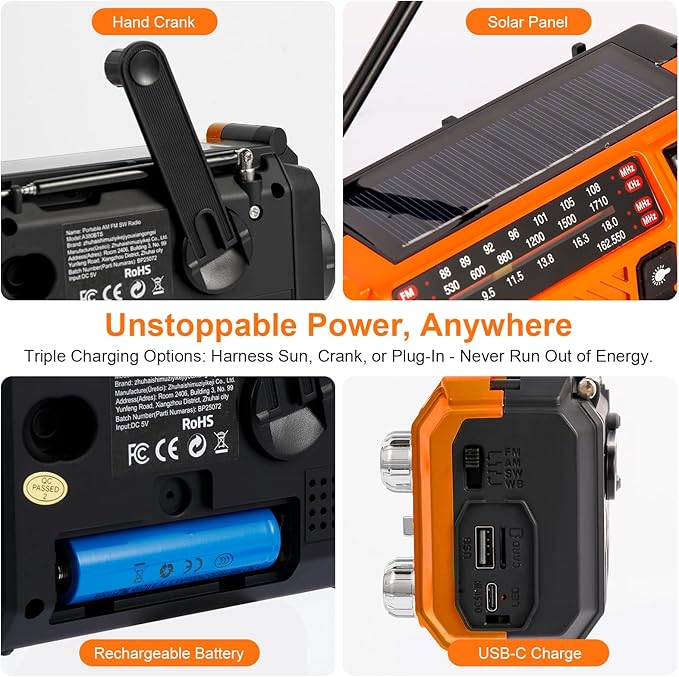 Hand Crank Emergency Weather Radio with 2600mAh/9620mWh Power Bank, NOAA AM FM Shortwave Portable Radio, Solar & USB-C Charging, Flashlight, SOS Alarm for Emergency Kits (Orange)