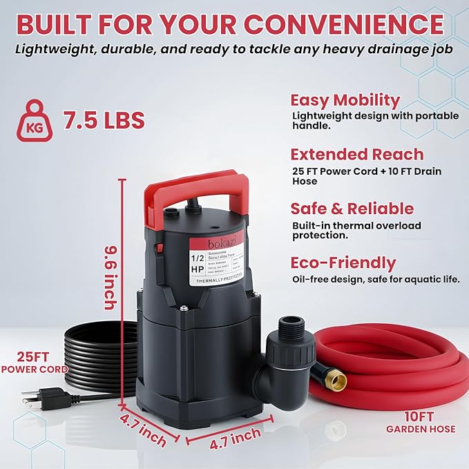 Sump Pump, Submersible Water Pump, 1/2HP Submersible Pump, Water Removal Pump With 10Ft. Garden Hose for Pool Draining, Hot Tub & Basement, Portable Pump with 25ft Long Cord & Garden Hose Adapter