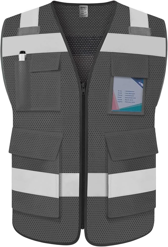 TCCFCCT Mesh Construction Vest 5 Pockets Reflective Safety Vest for Men Women, High Visibility Work Vest with Tabs for Walkie-talkie, Durable to Use, Meets ANSI/ISEA, Grey, S