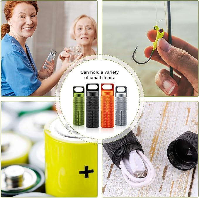 Patelai 4 Pcs Portable Keychain Pill Holder Pill Organizer Travel Waterproof Match Container Aluminum Airtight Keychain Container Travel Size Storage Supplements Holder for Outdoor Camping(Vintage)