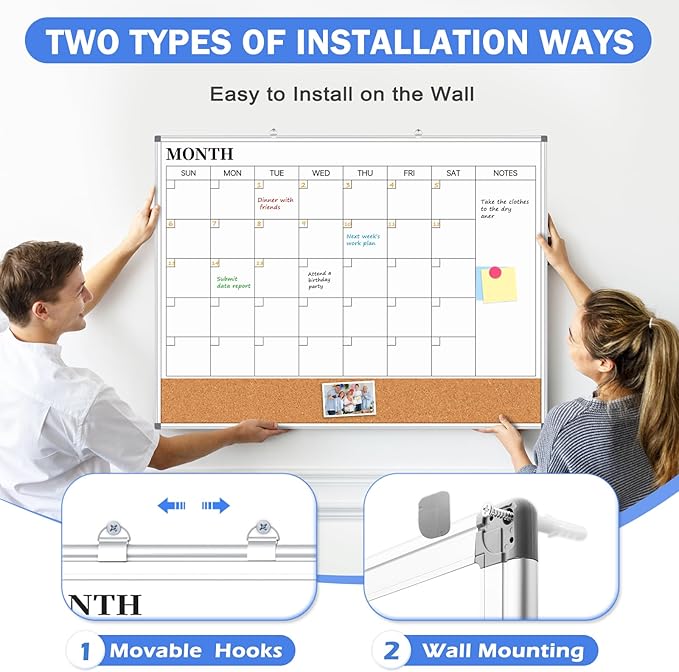 Large Monthly Dry Erase Calendar Whiteboard for Wall, 48" x 36" Double-Sided Big Calendar White Board Cork Board Combo, Aluminum Framed Month Planning Bulletin Board for Office, School, Home