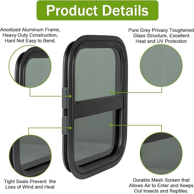 14"x16" RV Window - Vertical Sliding Teardrop Style, DOT-Certified Tempered Glass & Trim Set, Aluminum Alloy Frame w/Mesh Screen