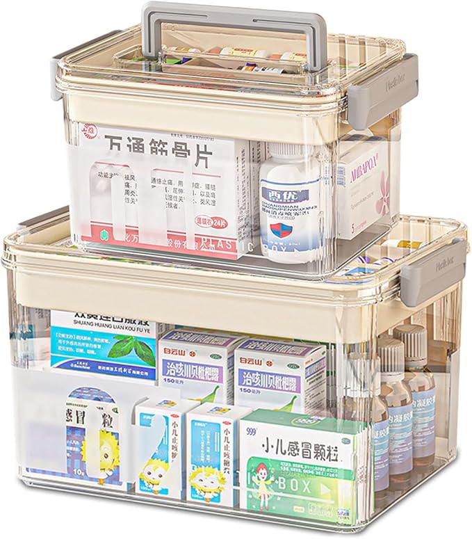 2Pack Medicine Box Set,2-Tier Large Capacity Medicine Storage Box with Handle,Clear Plastic First Aid Box Empty,Portable Medication Organizer Storage for Home & Travel