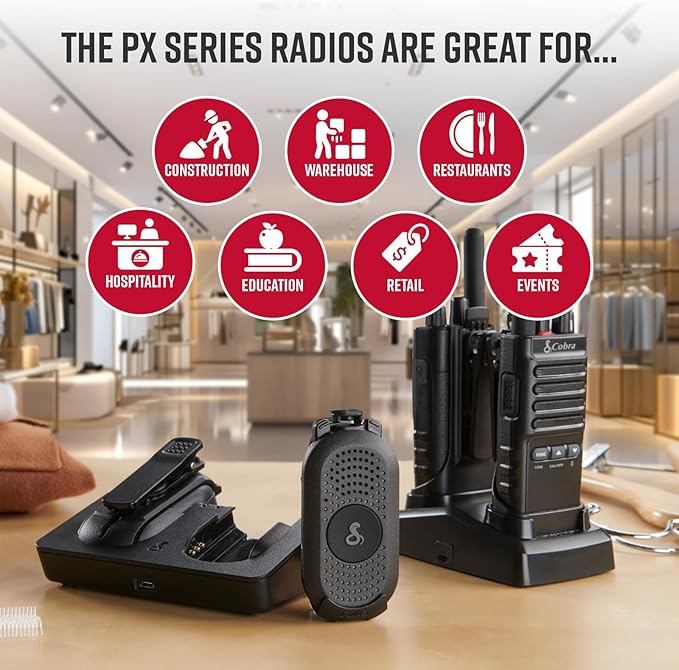 Cobra Business Radio Bundle – 4 Professional Walkie Talkies (2 PX280, 2 PX650) - Compact Long-Range Two-Way Radios, Dock Chargers, IP54 Durable, Rechargeable