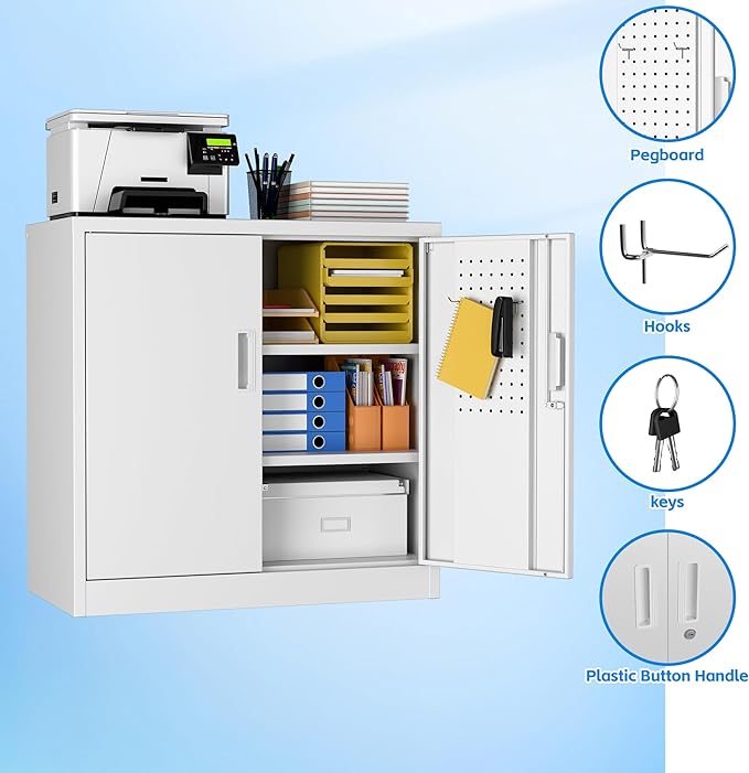 SUXXAN Metal Storage Cabinet with Pegboard 31.5'' x 31.5'' x 16.5'',Lockable Rolling Steel Storage Cabinet with 5 Adjustable Shelves and Door for Garage, Office, Kitchen, Assembly Required(White)