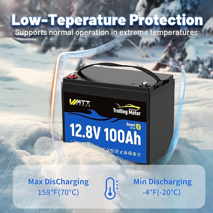 WattCycle 12V 100Ah LiFePO4 Battery 2 Pack, Lithium Battery 12V 120A BMS, IP67 Marine Batteries for Trolling Motor, Built-in Bluetooth, Monitor, Mobile APP, Perfect for Home Energy, RV, Marine, Solar