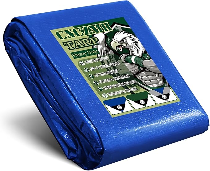 Tarp Waterproof 12x40 Feet, 8 Mil Thick Finished Size Blue Poly Tarpaulin Outdoor, Metal Grommets, Reinforced Edges, Multipurpose Tarps Protective Cover for Camping Boat Plant