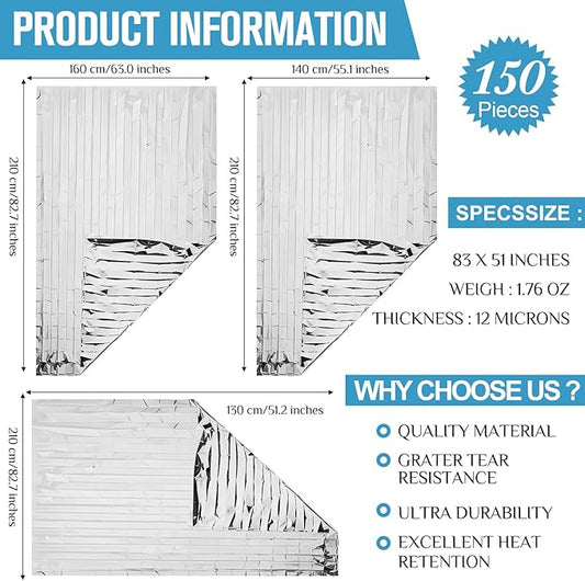 Kanayu 150 Pack 3 Size Safe Emergency Blankets Thermal Survival Space Blanket Large Silver Foil Emergency Gear for Outdoors Hiking Survival Marathons Retain Body Heat